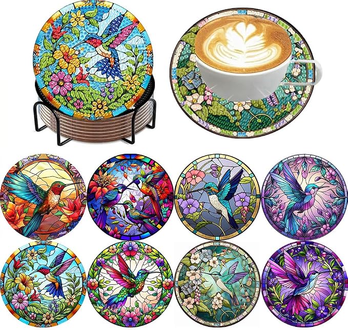 ijbnhd 8 Pcs Hummingbird Diamond Painting Coasters Kits