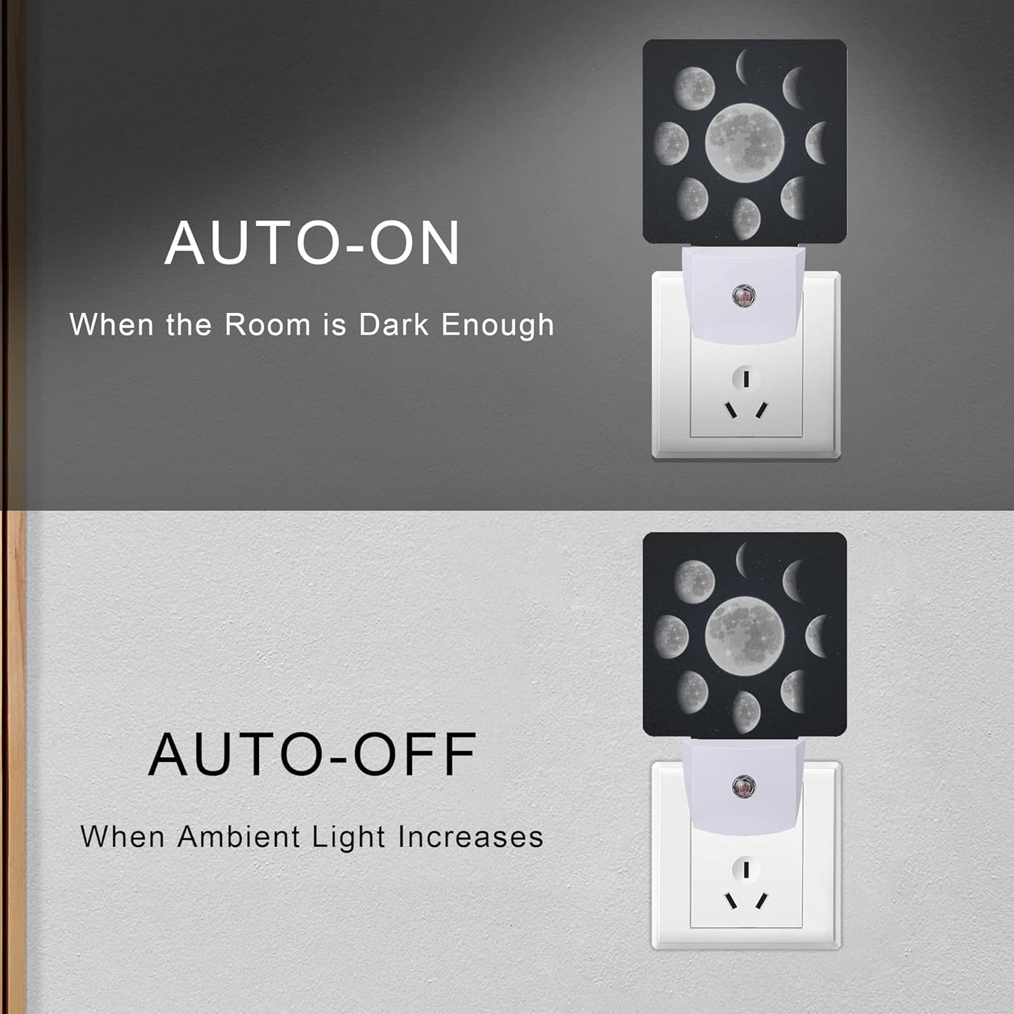 Moon Phases Night Light Plug-in LED Nightlights Auto Sensor Night Lamp Dusk-to-Dawn Lamp Home Decor for Nursery Children Girls Boys