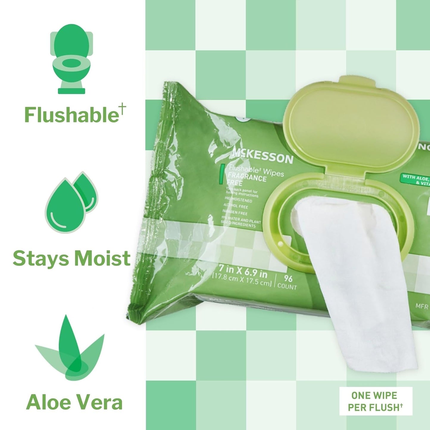 McKesson Flushable* Adult Wet Wipes – 96 Wipes (1 Pack of 96) – Aloe & Vitamin E, Plant-Based Cleansing Wipes, Unscented