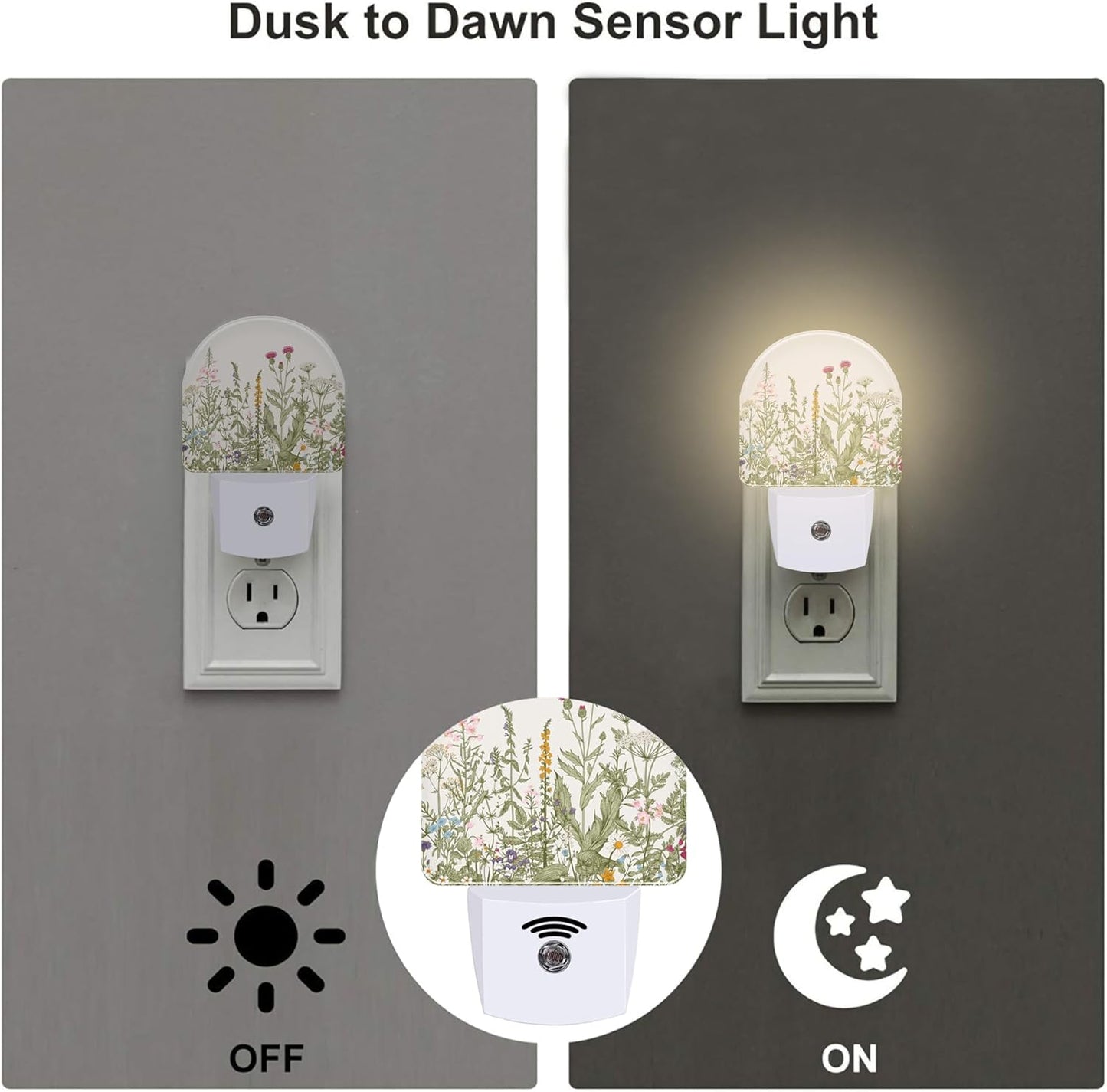 Herbs and Wild Flowers Night Light for Kids,Watercolor Green Botanical Floral Leaves Night Light Plug in with Dusk to Dawn Sensor,0.5w Energy Saving Nightlight for Hallway Stairway Kitchen Bedroom