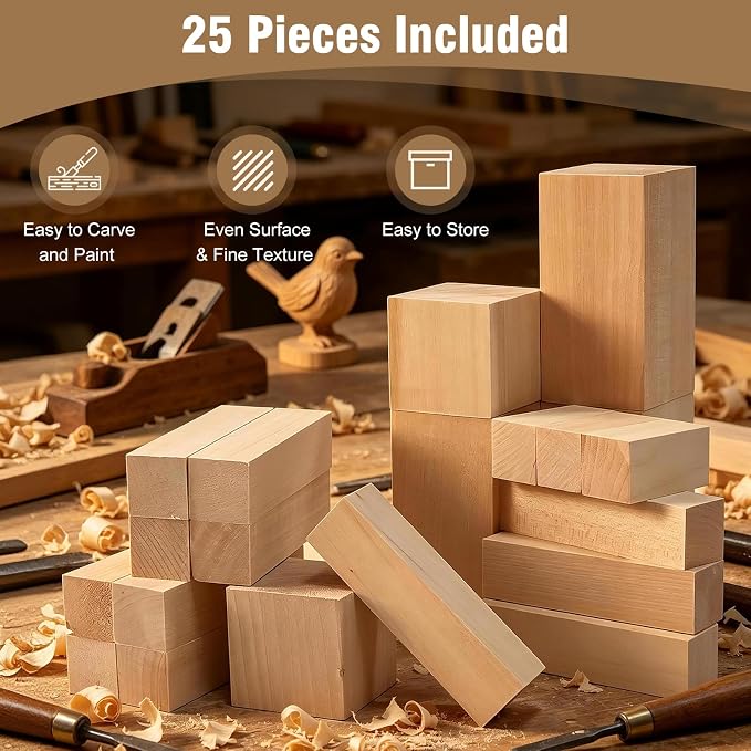 25 PCS Basswood Carving Blocks, 4 Sizes Wood Carving kit, Soft Texture Solid