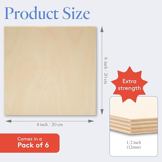 12 mm Baltic Birch Plywood 1/2 x 8 x 8 Inch, Box of 6 B/BB Grade Craft Wood