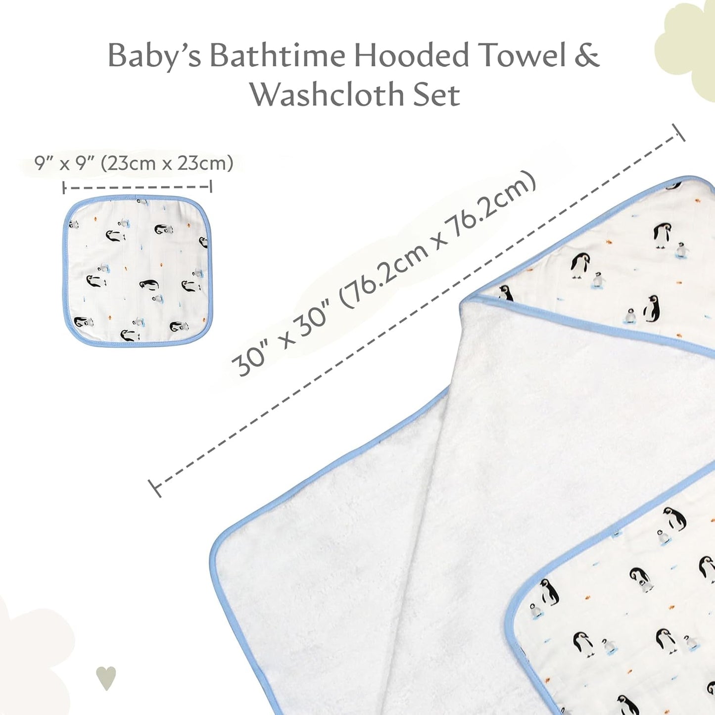 Bamboo Viscose Baby Hooded Towel & Washcloth Set for Babies and Toddlers, Soft & Absorbent, 70% Viscose from Bamboo, 30% Cotton Muslin - Imported (Penguin)