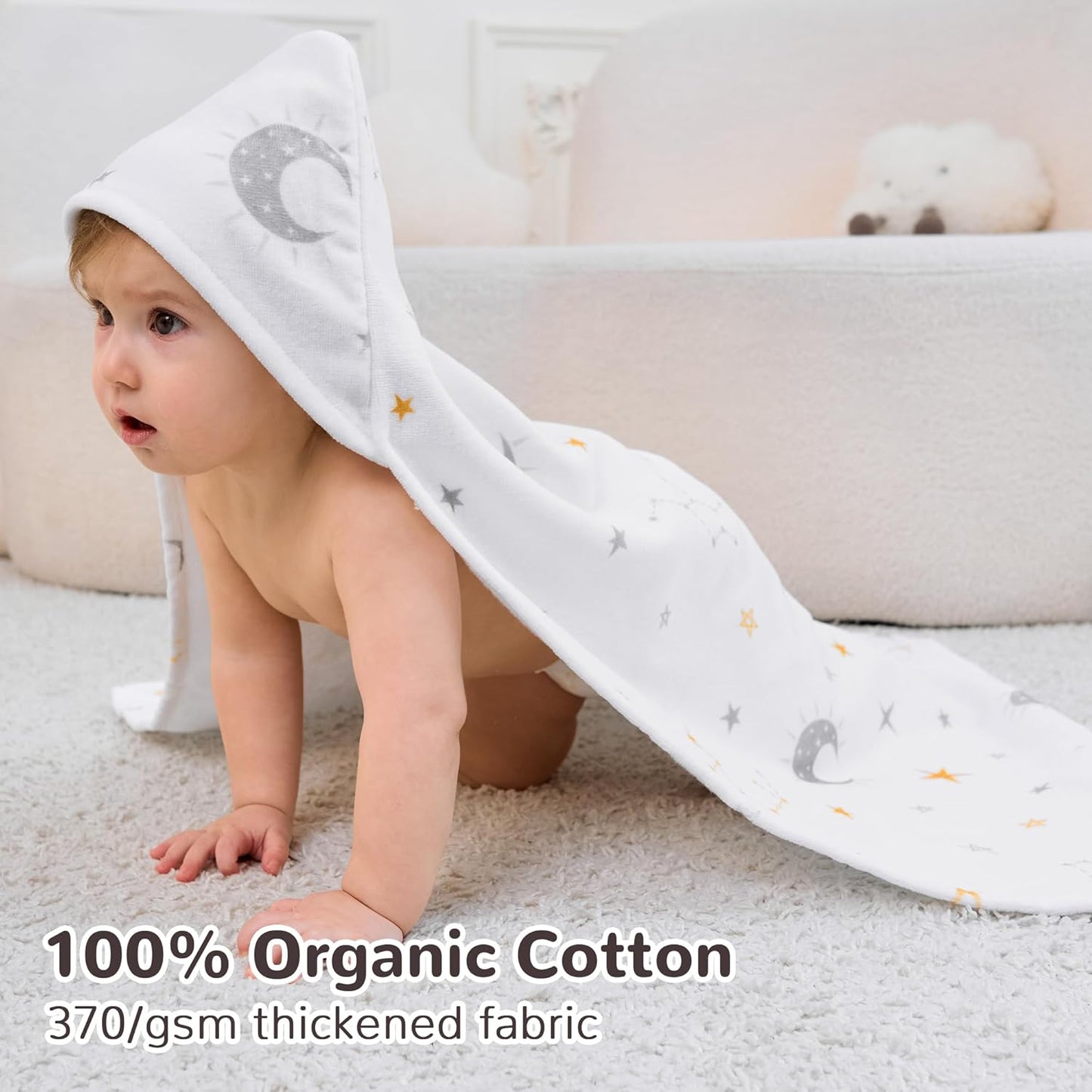 Viviland 2 Pack Hooded Baby Towels, Soft 100% Cotton Baby Bath Towels with Hood, Extra Thick and Absorbent, Essential for Newborns, Kids, Infants - Girls and Boys (Moon & Leaves)