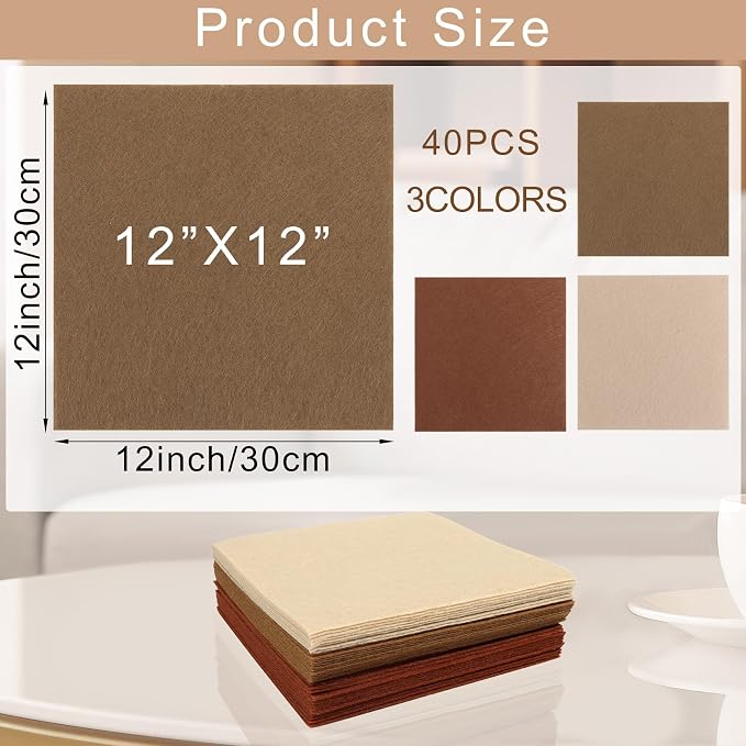 40 Pcs Stiff Felt Fabric Sheet for Crafts, 1mm Thick and 12”x12”Brown Series