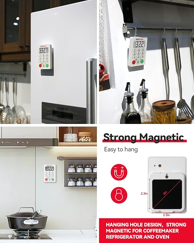 BaldrTherm Digital Kitchen Timer, Magnetic Waterproof Countdown Timer for Cooking, Shower, Workout, Classroom, Hair Color Processing, White.