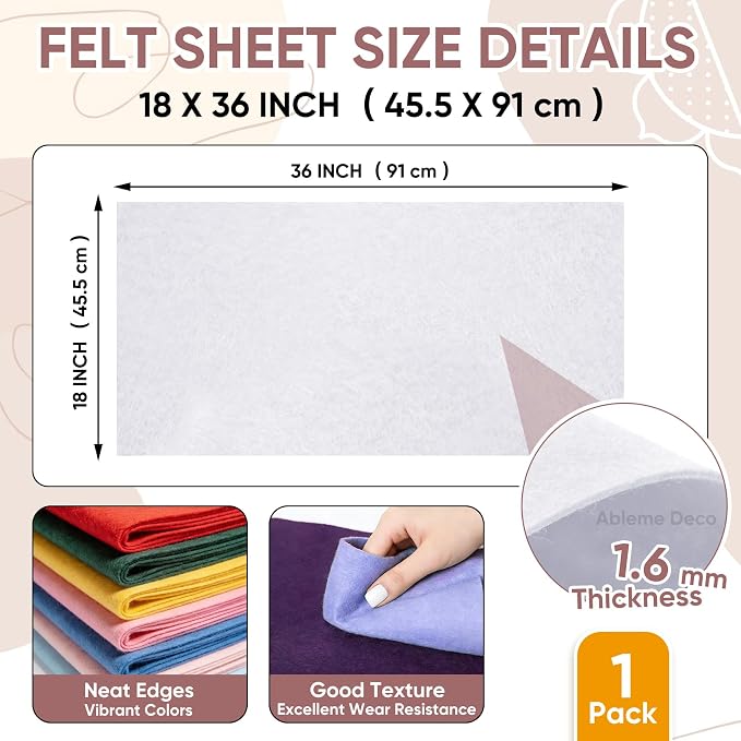 Soft Felt Fabric Sheet 18" x 36", 1.6mm Acrylic Craft Felt, Large Precut Sheet
