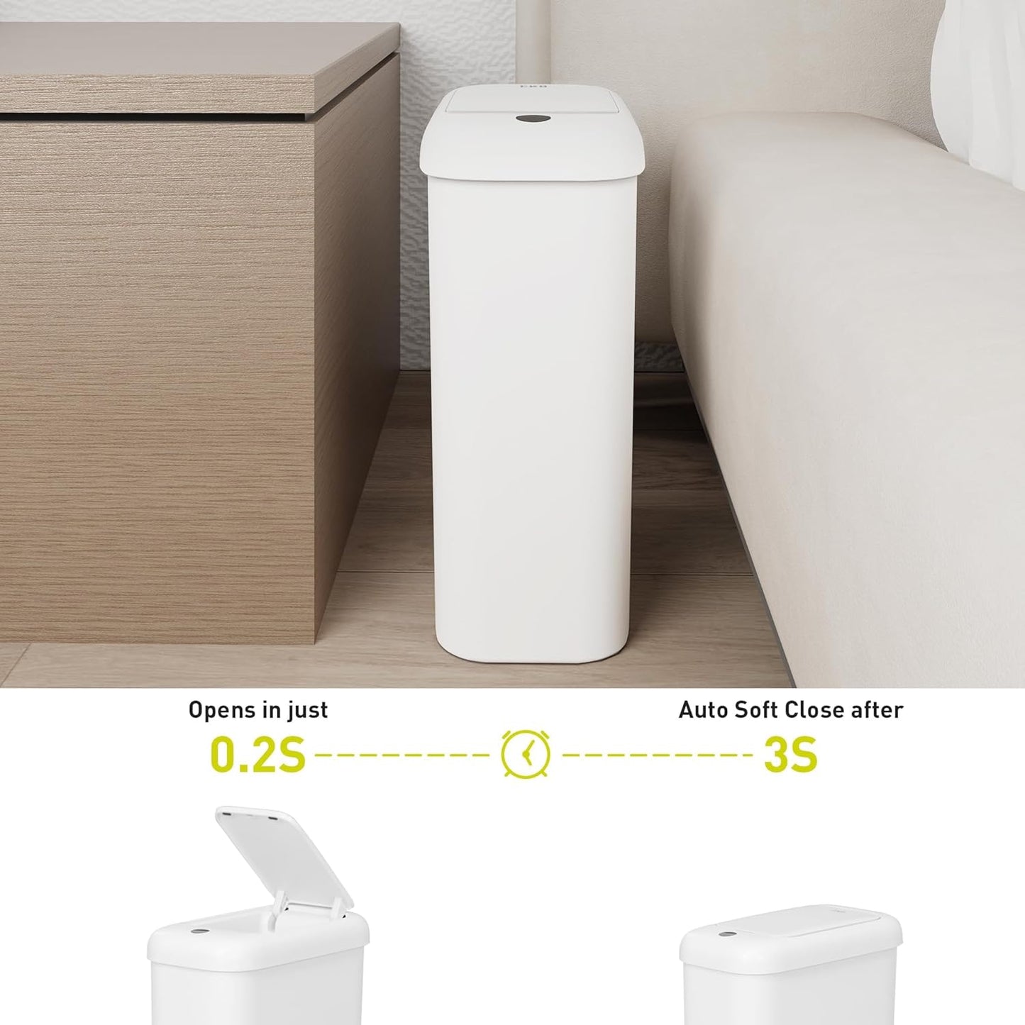 EKO Automatic Bathroom Trash Can with Lid, 2.6 Gallon Slim Touchless Garbage Can, Waterproof Motion Sensor Trash Bin for Bathroom, Office, Kitchen, White