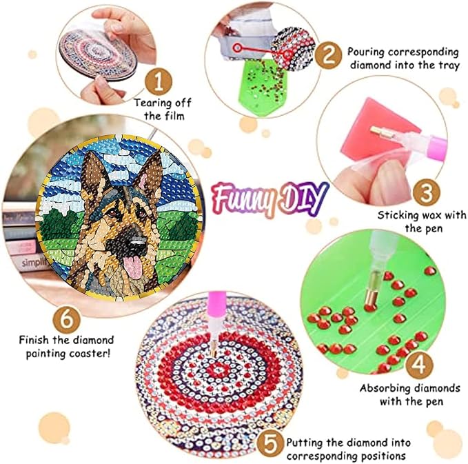 8 Pack Diamond Art Coasters, Dog Animal Diamond Painting Coasters Kits | Dog