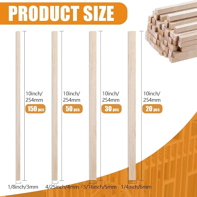250Pcs Balsa Wood Sticks, Square Wooden Dowels Hardwood Square Dowels | 1/8