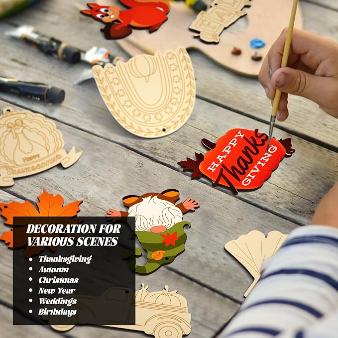 Subacy 80 PCS Unfinished Thanksgiving Wood Cutouts 10 Styles DIY Wooden Crafts
