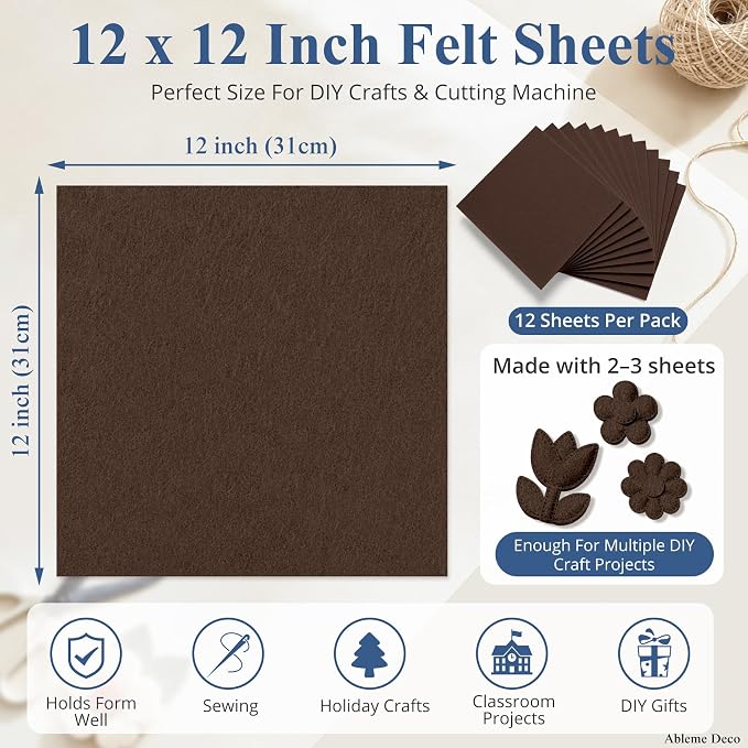 12" x 12" Felt Sheets for Crafts, 2mm Stiff Felt Fabric, Polyester Felt Squares