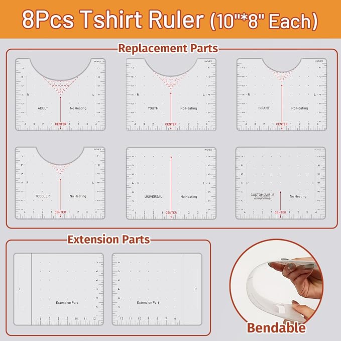 TransOurDream Heat Transfer Paper Supplies Extended XL Tshirt Ruler Guide 8Pcs