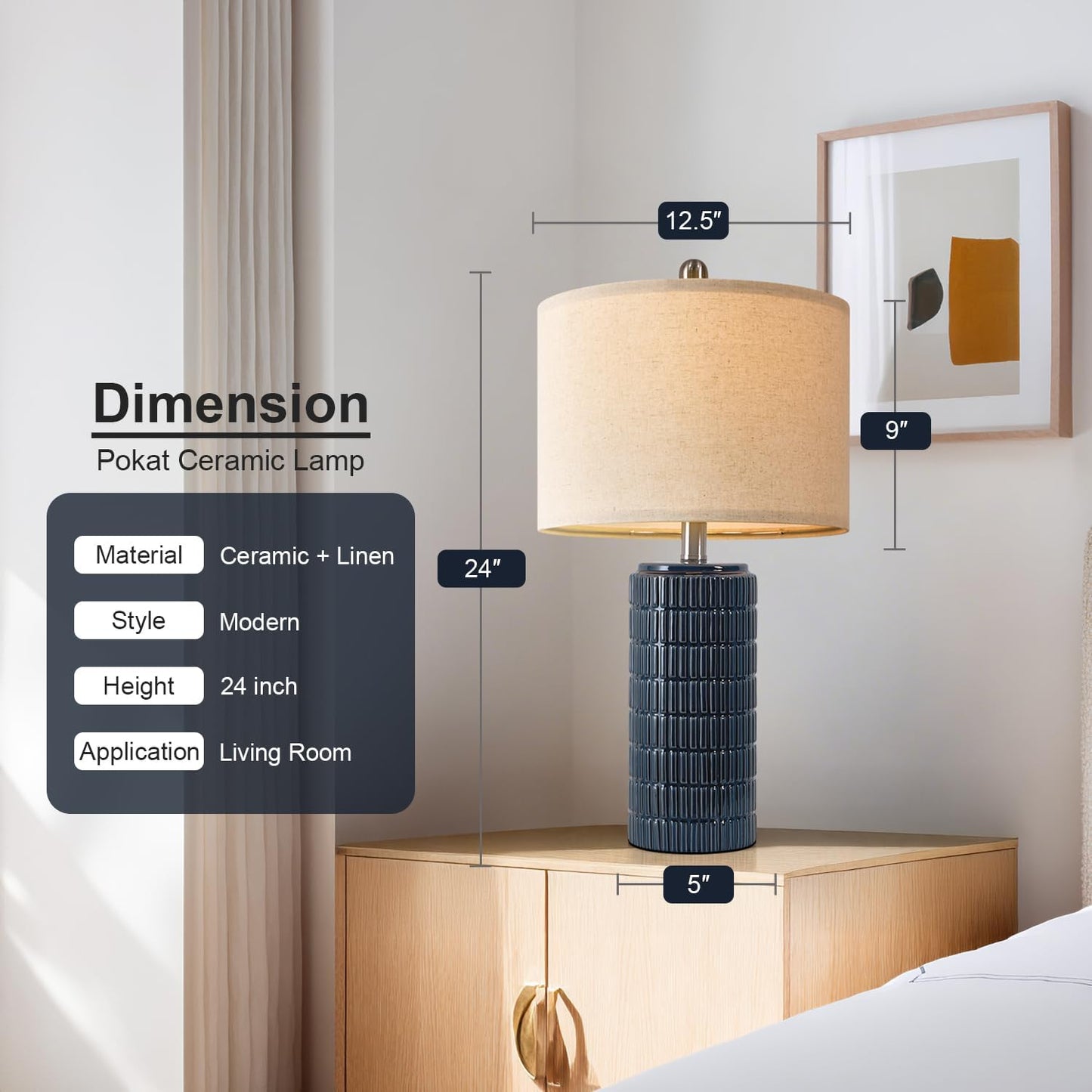 PoKat 24" Modern Ceramic Table Lamps Set of 2 for Bedroom, Blue Bedside Lamps for Night Stands, Farmhouse Desk Decor Nightstand Table Lamps for Living Room End Table Dark Blue