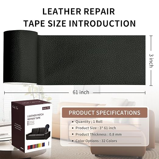 Leather Repair Patch Tape, Gloss Black 3 x 61 Inches Self Adhesive Leather