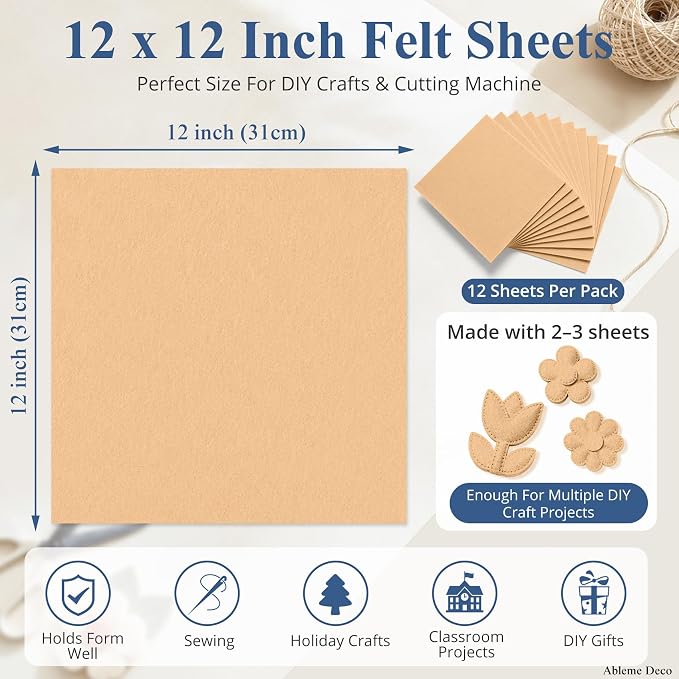 12" x 12" Felt Sheets for Crafts, 2mm Stiff Felt Fabric, Nude | 2mm Thick Stiff