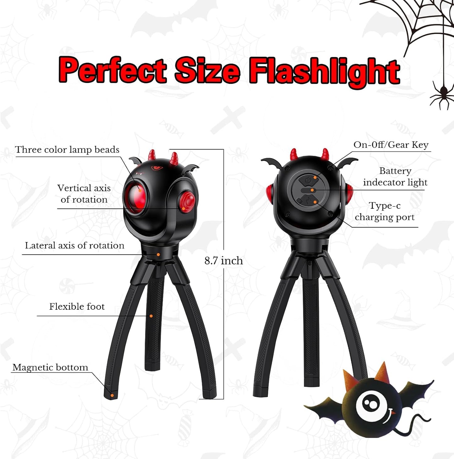 TOLYS Bat Kids Flashlight – Rechargeable LED Torch with 8 Color Modes, USB-C, Fun Flashlight for Boys & Girls, Perfect for Parties, Camping & Outdoor Adventures