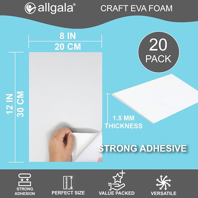 allgala 20 Pack Self-Adhesive EVA Foam Paper 8x12 Inch Sheets-White-CF85402