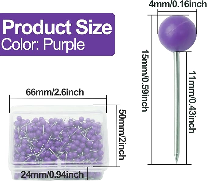 Purple Map Pins, 1/8 Inch, Round Ball Head | Map Tacks, Push Pins