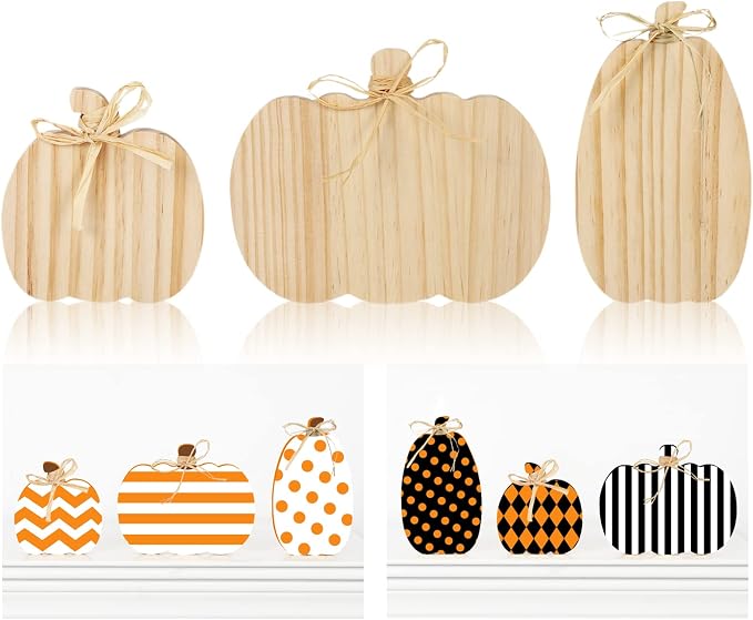 Whaline 3Pcs Unfinished Fall Pumpkin Wooden Cutout