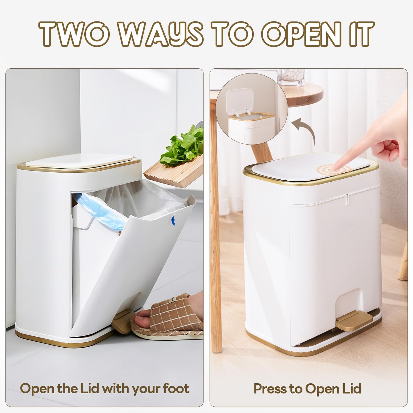 Bathroom Trash Can with Lid, 3 Gallon Gold Garbage Can, Small Trash Bin with Press top Lid and Pedal, Narrow White TrashCan Waste Basket for Bedroom, Living Room,Office,Plastic Dog Proof Trash Can