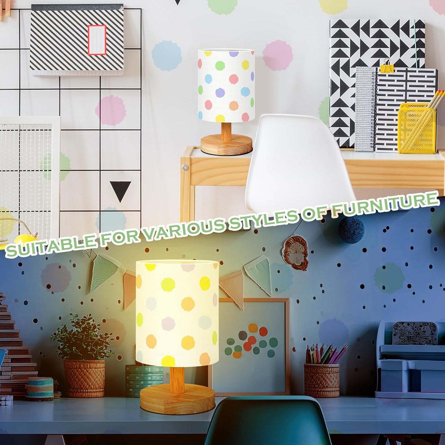 VIHOSE Polka Dot Kids Table Lamp for Bedroom Kids Bedside Lamp with Linen Wooden Nightstand Cartoon Nursery Lampshade for Girls Boys Living Room