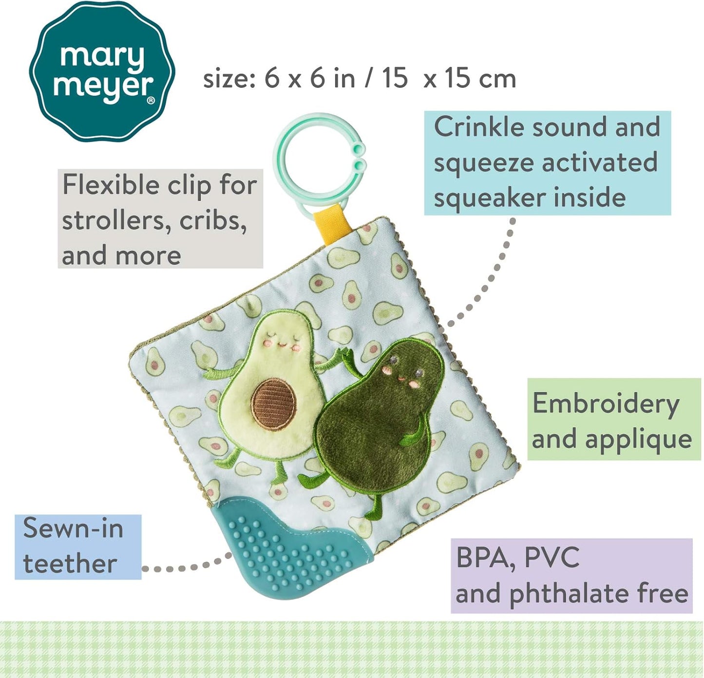 Mary Meyer Crinkle Teether Toy with Baby Paper and Squeaker, 6 x 6-Inches, Yummy Avocado (44141)