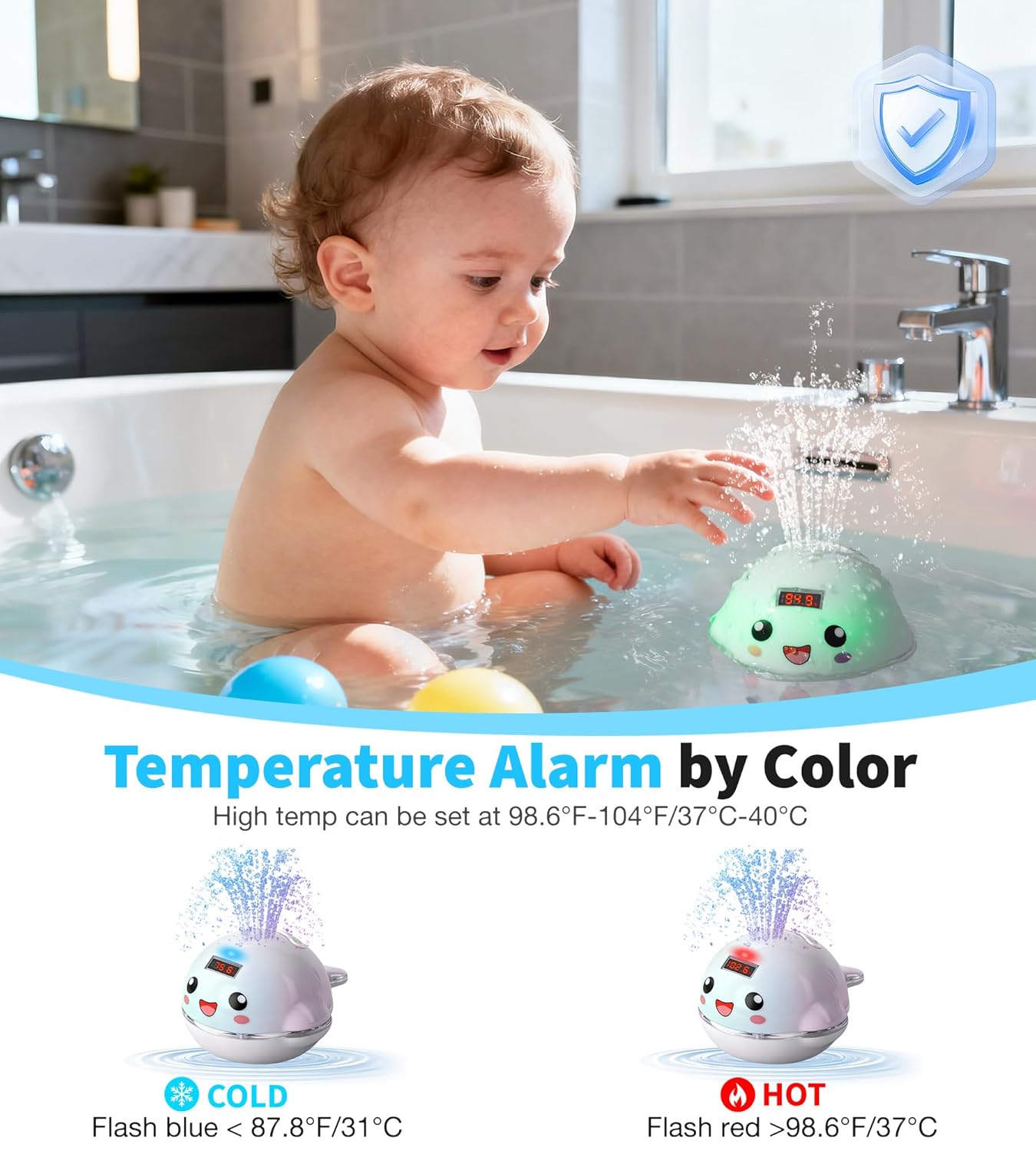 Baby Bath Toy Sprinkler with Thermometer, Temp Alarm & Backlit Display, BPA-Free | CPC Certified for Safety, Light Up Whale Bath Toy for Kids Ages 1-3, Bathtub Water Toys for Toddler, Newborn