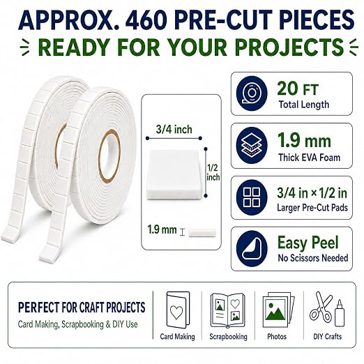 2 Rolls Pre-Cut Double Sided Foam Tape, 460 Large Craft Pads or Card Making