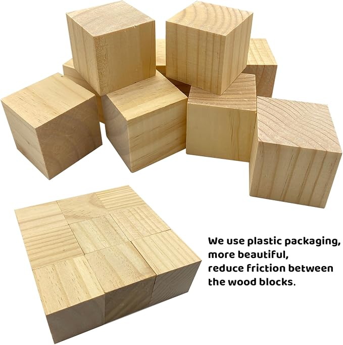 MUXGOA Wood Blocks for Crafts, 2 Inch Unfinished Wooden Cubes Natural Wood