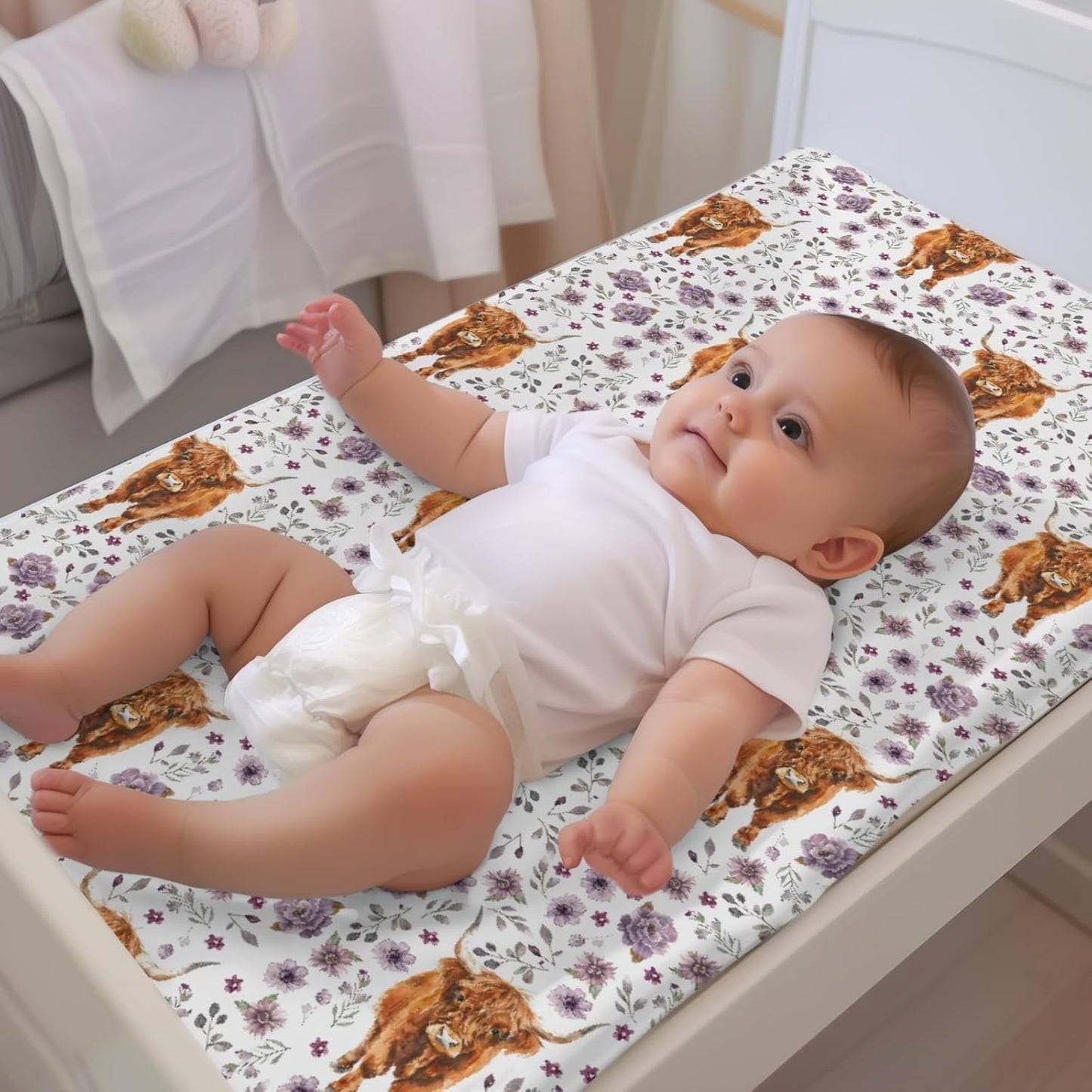 Soft 2 Pack Highland Cow Floral Pattern Baby Changing Pad Covers for Infant Newborn, Unisex Farm Animals Western Cow Flowers Nursery Fitted Diaper Changing Table Pad Mat Sheets for Boys Girls-16x32