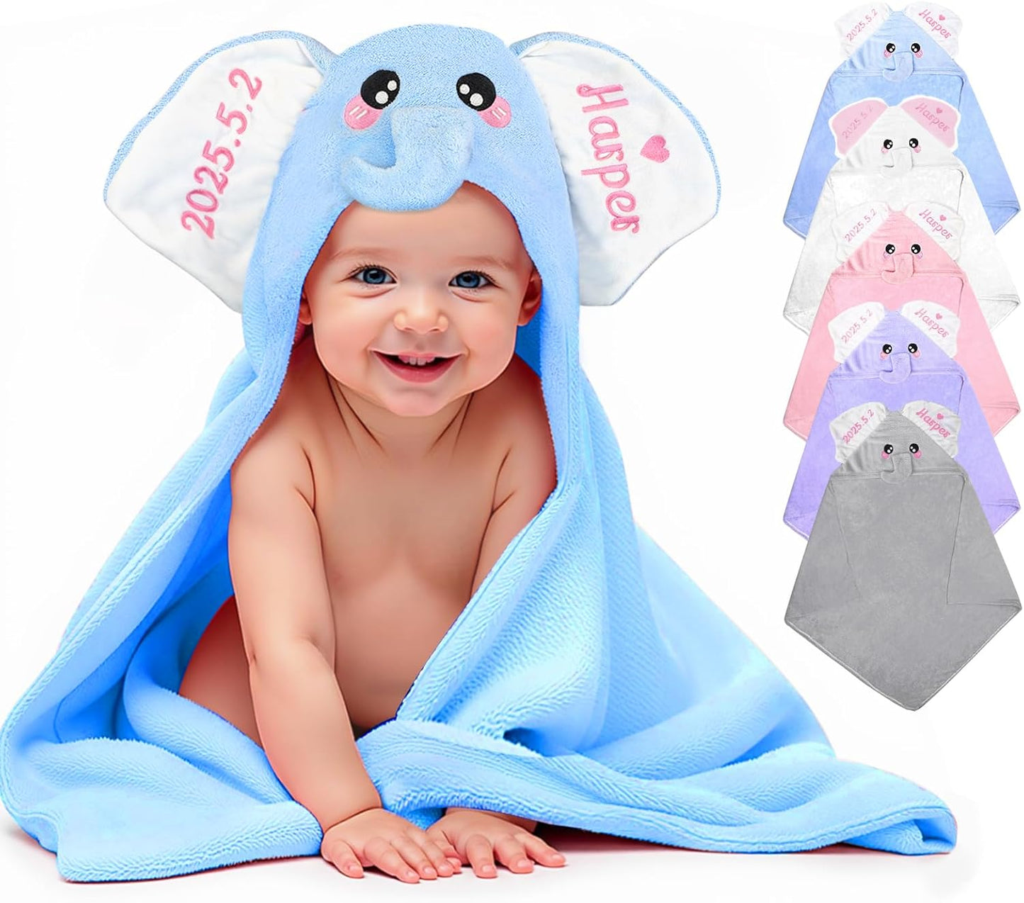 Custom Hooded Baby Towel with Name, Personalized Soft Absorbent Elephant Bath Towel, Shower Towels for Girls Boys, Easter Brithday for Baby, Toddler, Newborn Essential