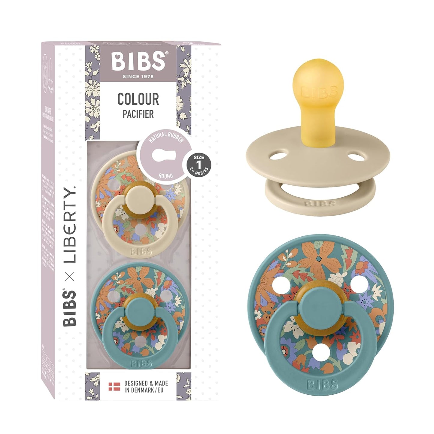 BIBS Colour Liberty Soother 2-Pack, BPA Free Dummy Pacifier, Round Nipple. Natural Rubber Latex, Made in Denmark, Size 1 (0-6 Months), June Blossom Vanilla Hush Mix