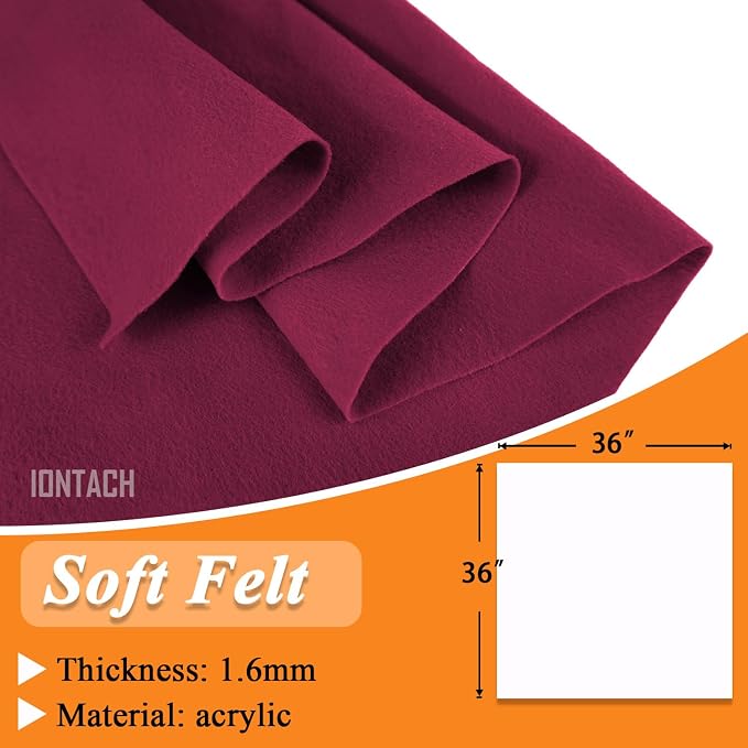 IONTACH 36" X 36" Burgundy Soft Felt Fabric 1.6mm Thick | Felt Sheets
