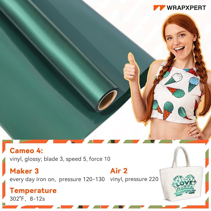 WRAPXPERT Metallic Green HTV Heat Transfer Vinyl Roll, Heat Press Vinyl