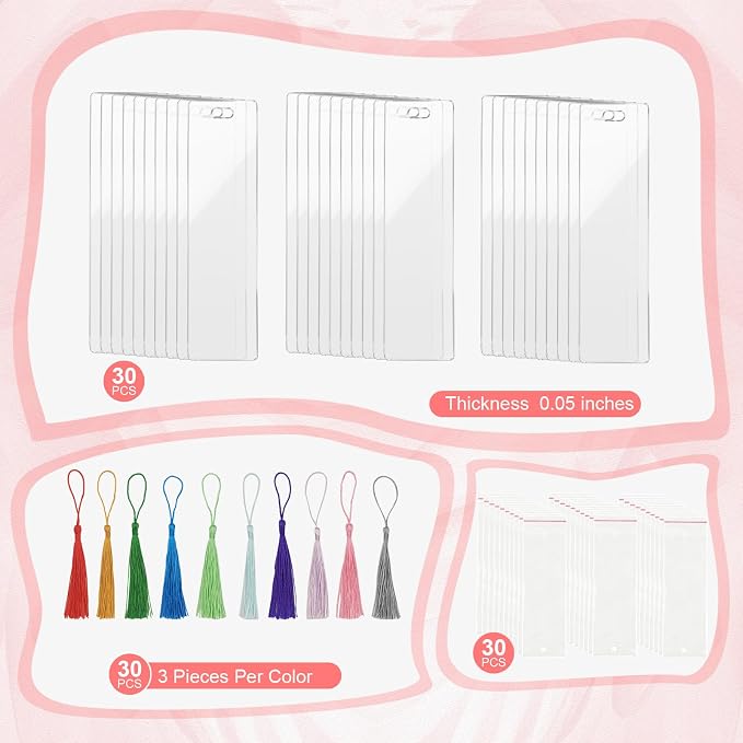 90Pcs Acrylic Bookmark Blanks Kit-30 Set Clear Acrylic Bookmarks 6" x 1.6"