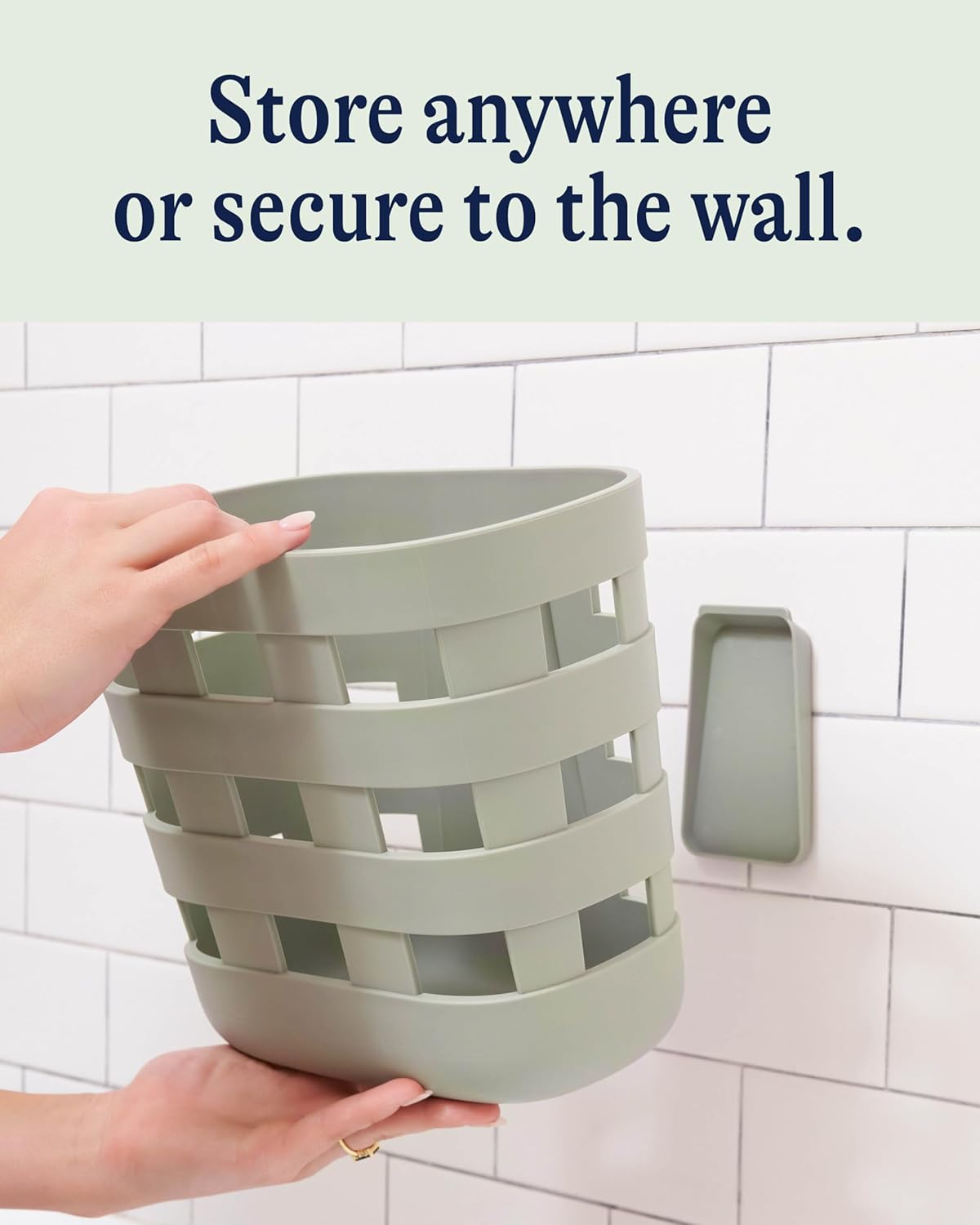 Lalo Bath Time Storage Bin - Keep Items Organized & Dry with Non-Toxic Plastic, Easy Cleanup, Removable Drying Bin, Woven Baby Organizer, Secure Wall Attachment, 9 x 5.5 x 8.5 in - Sage