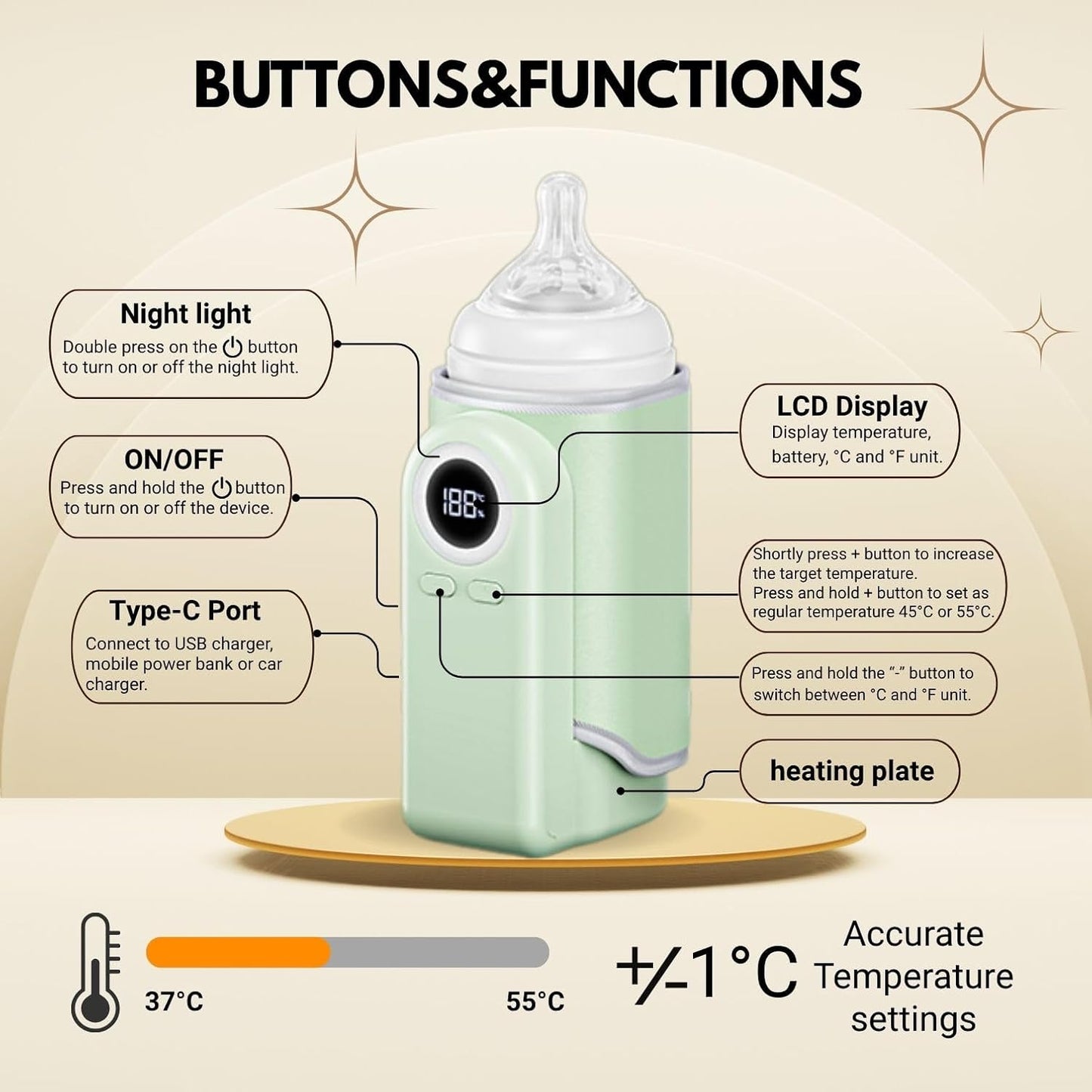 Cozytots Portable Bottle Warmer for Travel Wireless Portable Baby Milk Warmer On The Go Rechargeable USB Battery-Powered Milk Bottle Heating Bag in Car Heaters Thermostat Bag