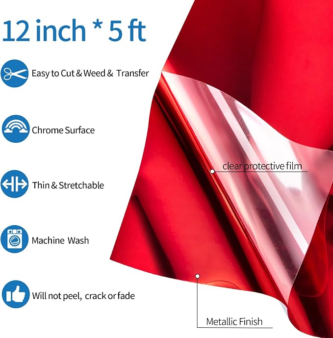 VINYL FROG Red Metallic Foil Heat Transfer Vinyl 12" x5ft Red HTV Vinyl Roll