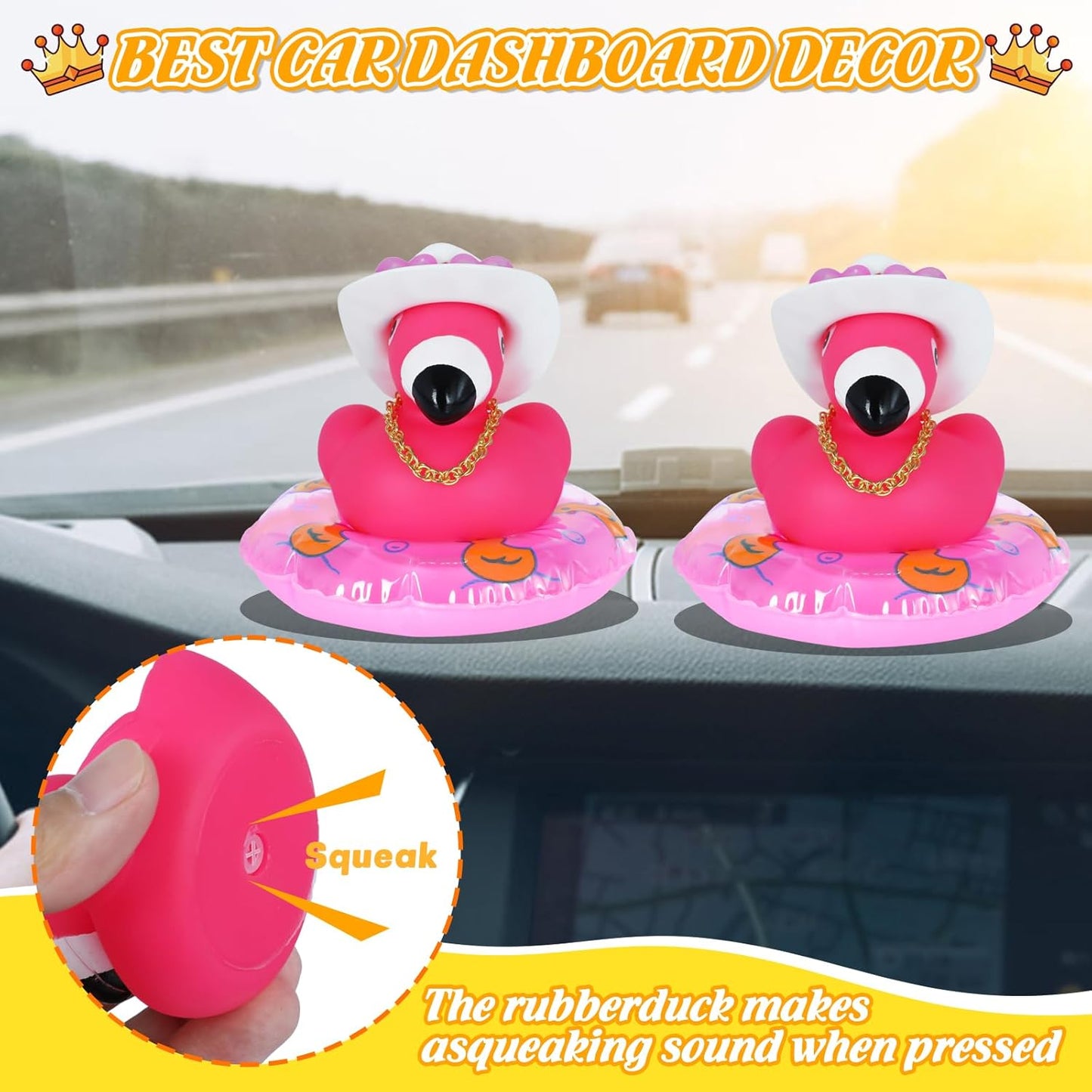 Pink Flamingo Rubber Duck Jeeps Duck, with Mini Cowboy Hat, Swim Ring, Gold Chain & Heart Sunglasses, for Car Dashboard Decor, Home Office Party Decoration, Baby Bath Toys, Birthday Gifts