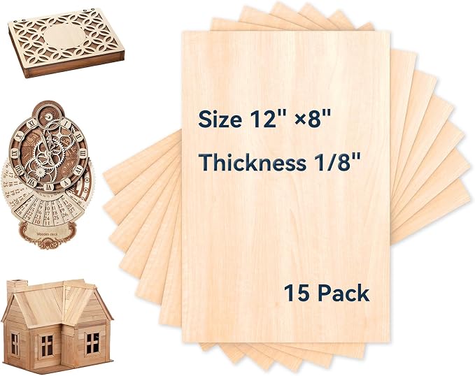 Basswood Plywood Sheets-15 Pack 12" x 8" x 1/8" Unfinished Craft Wood Pieces