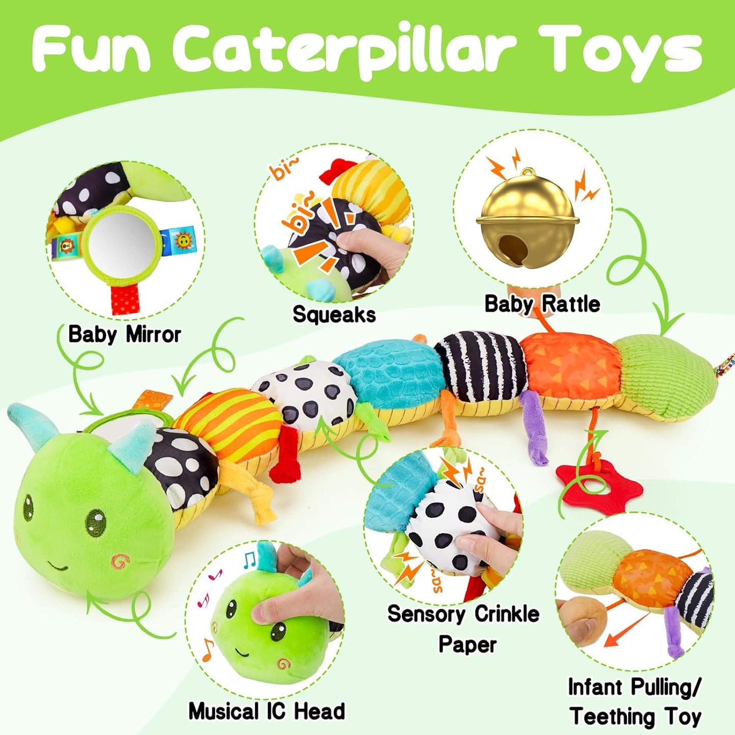 Baby Sensory Toy 0-6 Month Music Animal Stuffed Plush Caterpillar Toy for Infant 0-3-6-12 Month Old Tummy Time with Baby Mirror Crinkle Rattle Carseat Toys for Newborn Boys Girl Shower