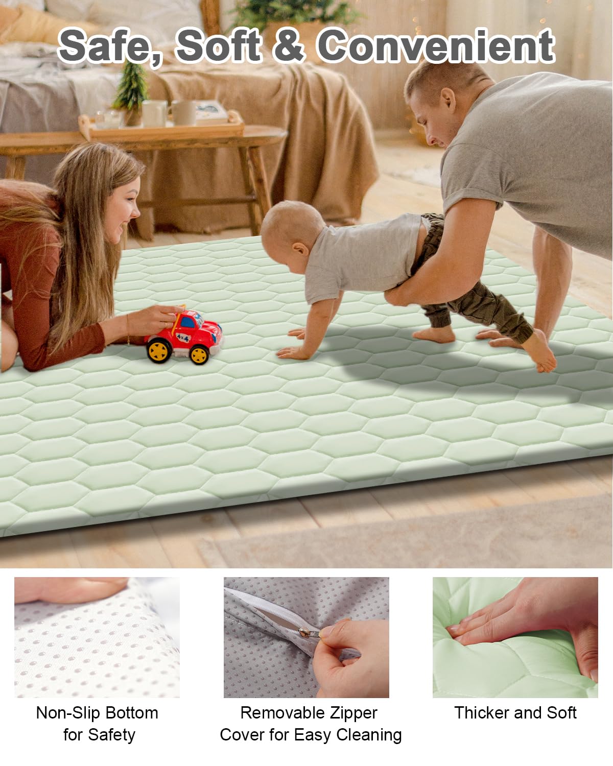 Premium Foam Baby Play Mat 50" x 50" with Removable Cover, Extra Thick Padding Playpen Mat, Non-Slip Floor Mat, Stylish & Easy to Clean for Crawling Baby, Infants & Toddlers, Green
