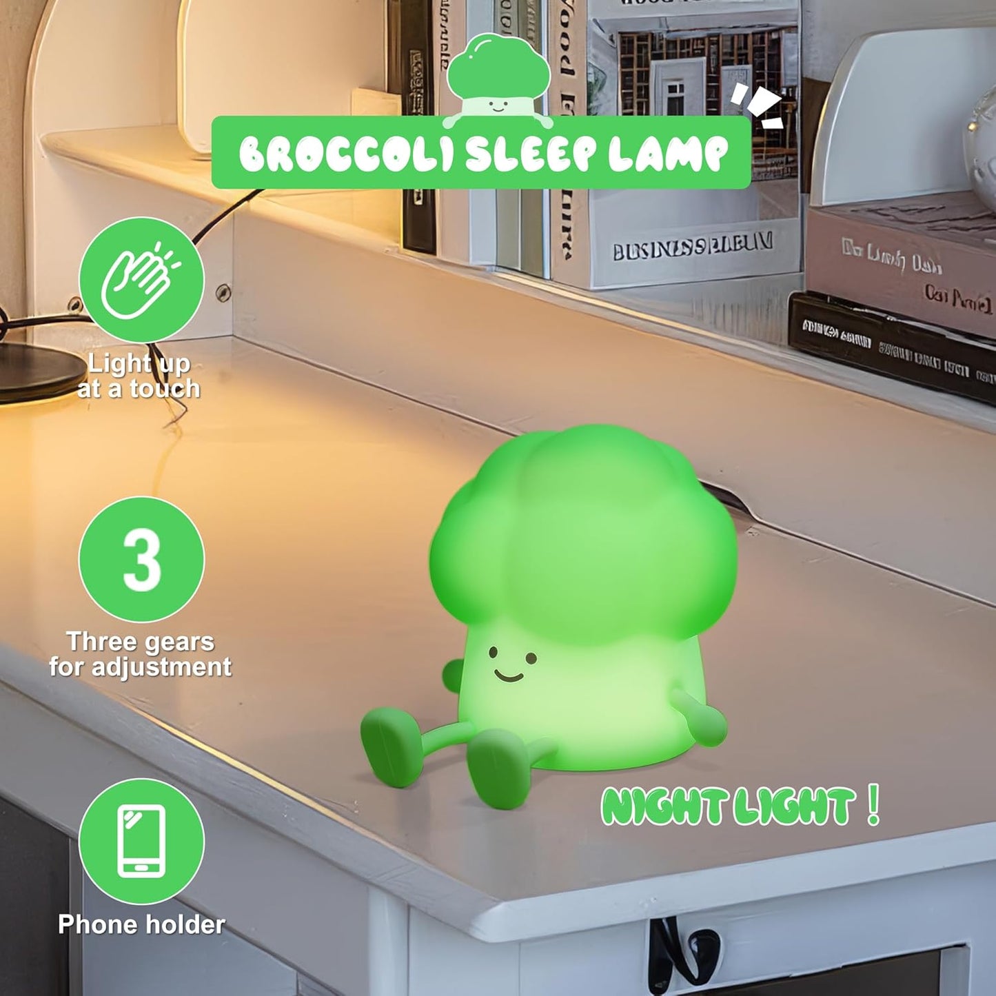 Cute Broccoli Night Light, LED Squishy Novelty Baby Night Lamp, 3 Levels Dimmable Timer Nursery Nightlight for Kids, Rechargeable Touch Bedside Lamp, Bedroom Dorm Decor, Baby Boys Girls Gifts