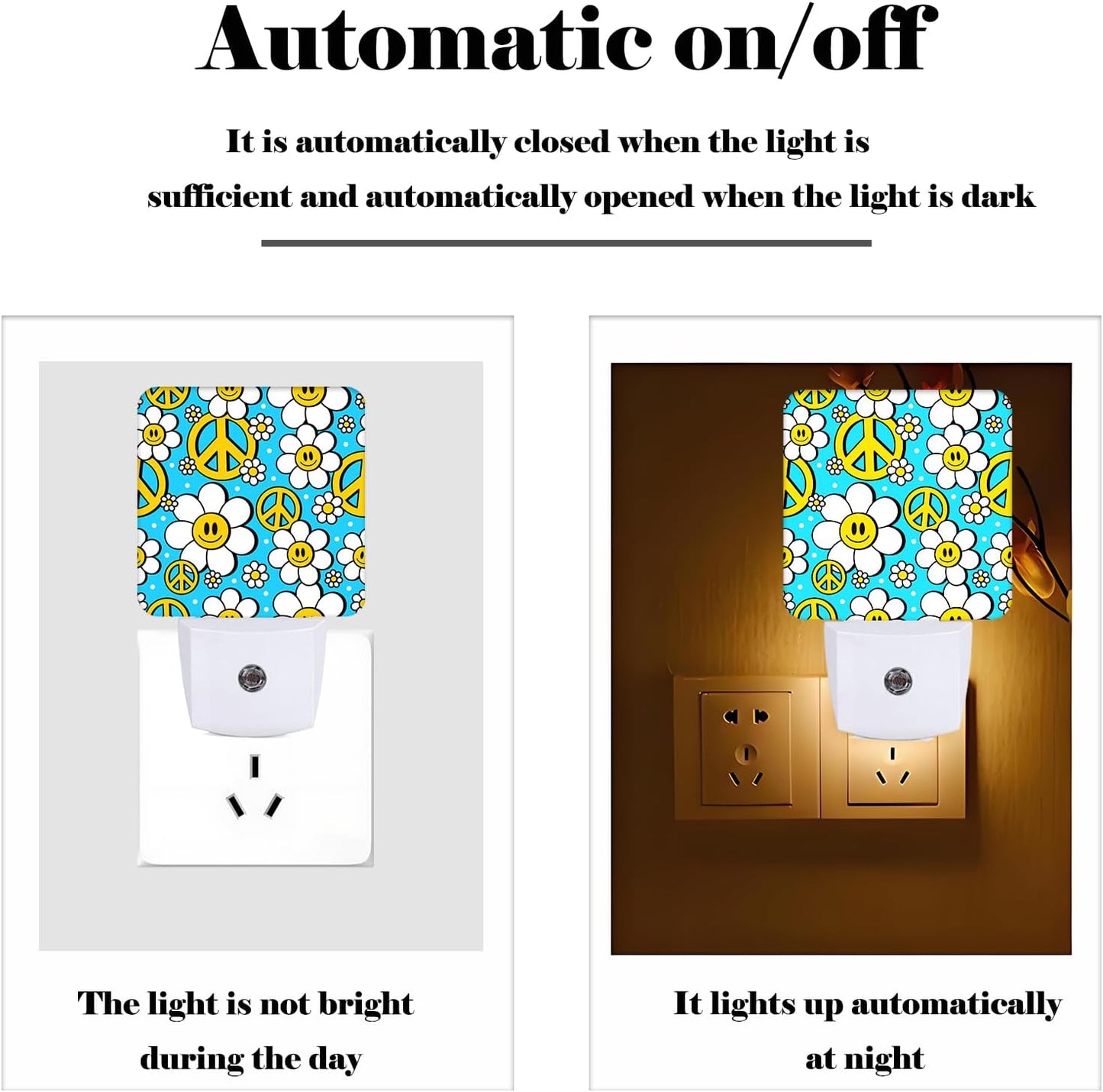 Peace Hippie in Flower Night Light,Plug-in Night Lights with Dusk to Dawn Sensor for Stairway,Hallway,Bedroom Sleep Friendly Ideal for Women/Girls/Boys Gift,0.5w