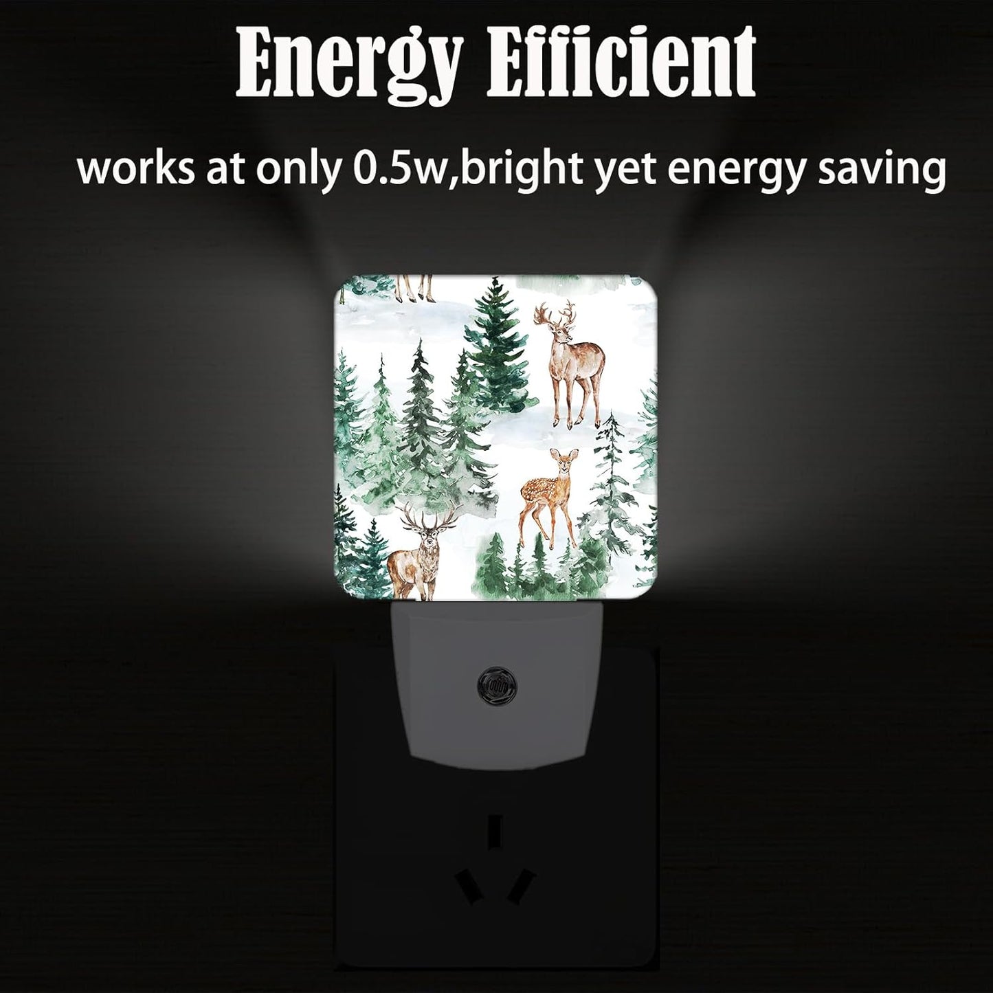 Watercolor Deer and Forest Night Light,Plug Into Wall for Boys Girls Bedroom Decorative Square Night Light Lamp 0.5w Sleep Friendly
