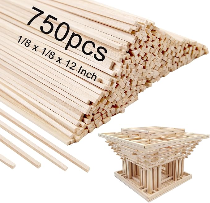 750 Pcs Balsa Wood Sticks 1/8 x 1/8 x 12 Inch balsa Wood Strips Hardwood Square