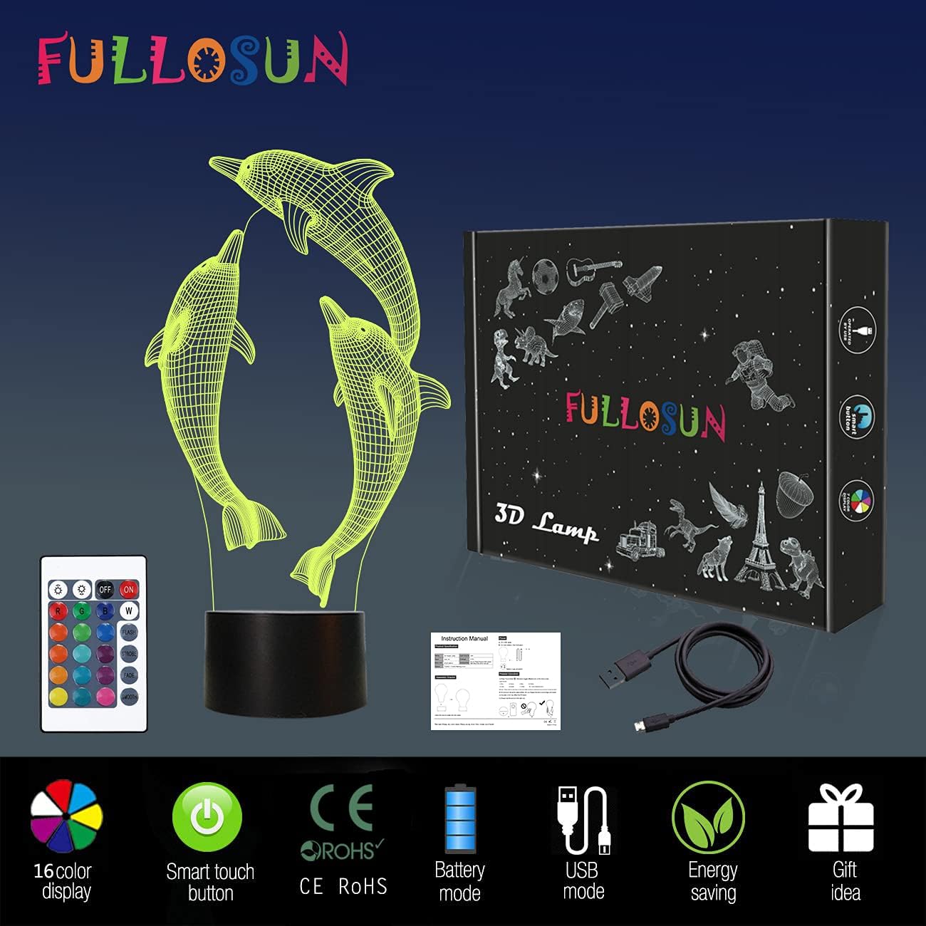Night Light for Kids Ocean Dolphin 3D Night Light Porpoise Bedside Lamp with Remote Control 16 Color Changing Xmas Halloween Birthday Gift for Child Baby Girl