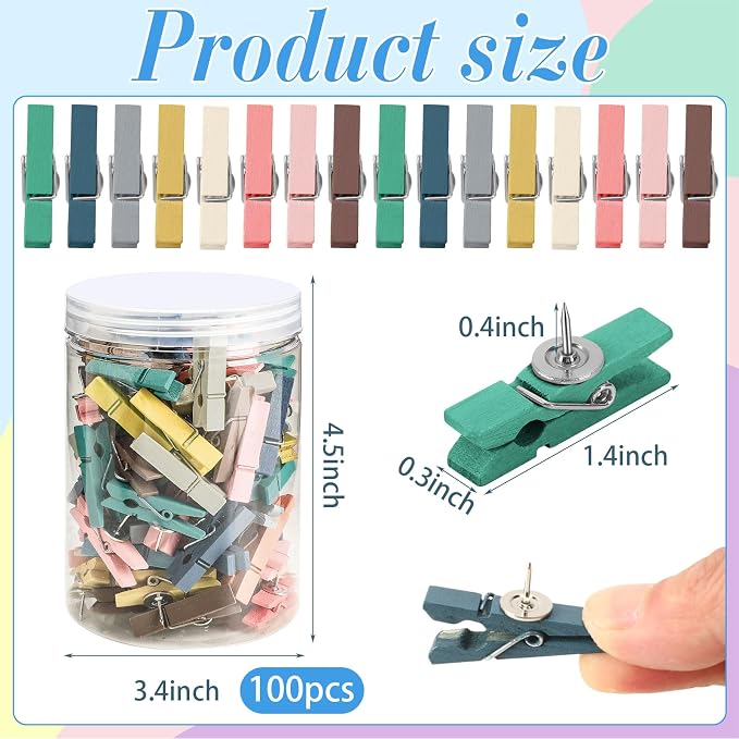 SANNIX 100Pcs Wooden Push Pin Clips, Morandi Wooden Clips
