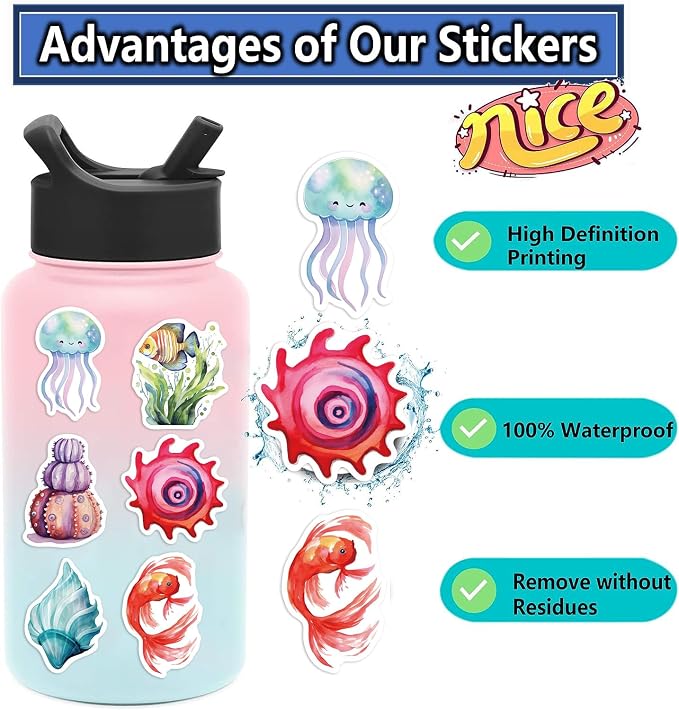 50PCS Colorful Ocean Animal Stickers Waterproof Vinyl Marine Life Sticker Pack